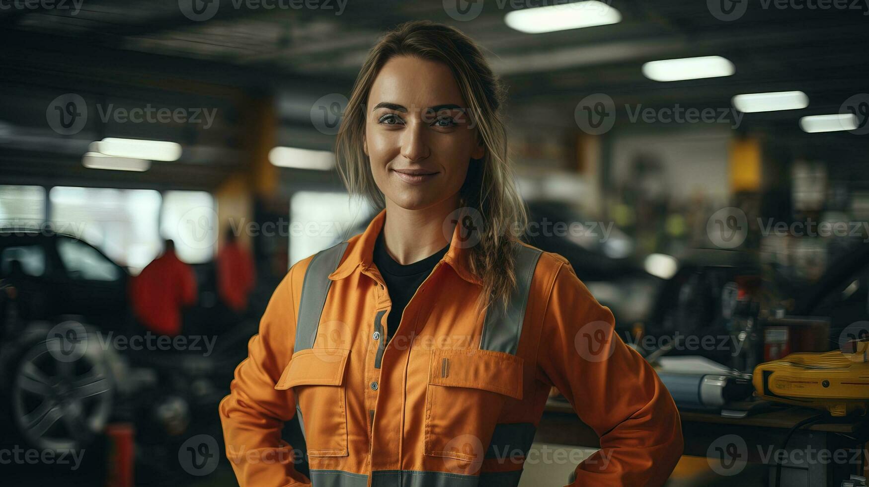 AI generated Young professional mechanic woman representing expertise and friendliness in an auto repair shop. Generative AI photo
