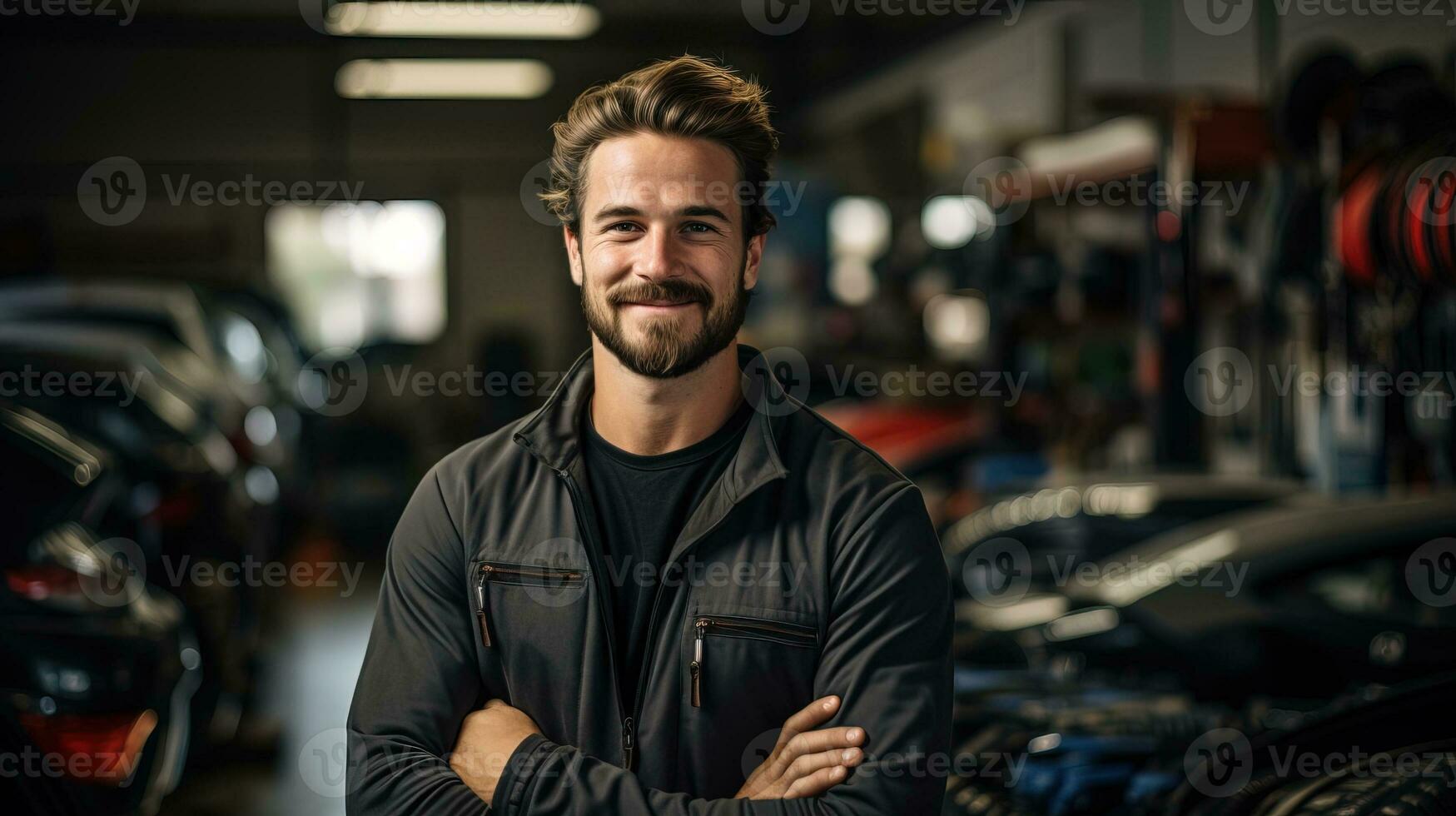 AI generated Young professional mechanic master representing expertise and friendliness in an auto repair shop. Generative AI photo