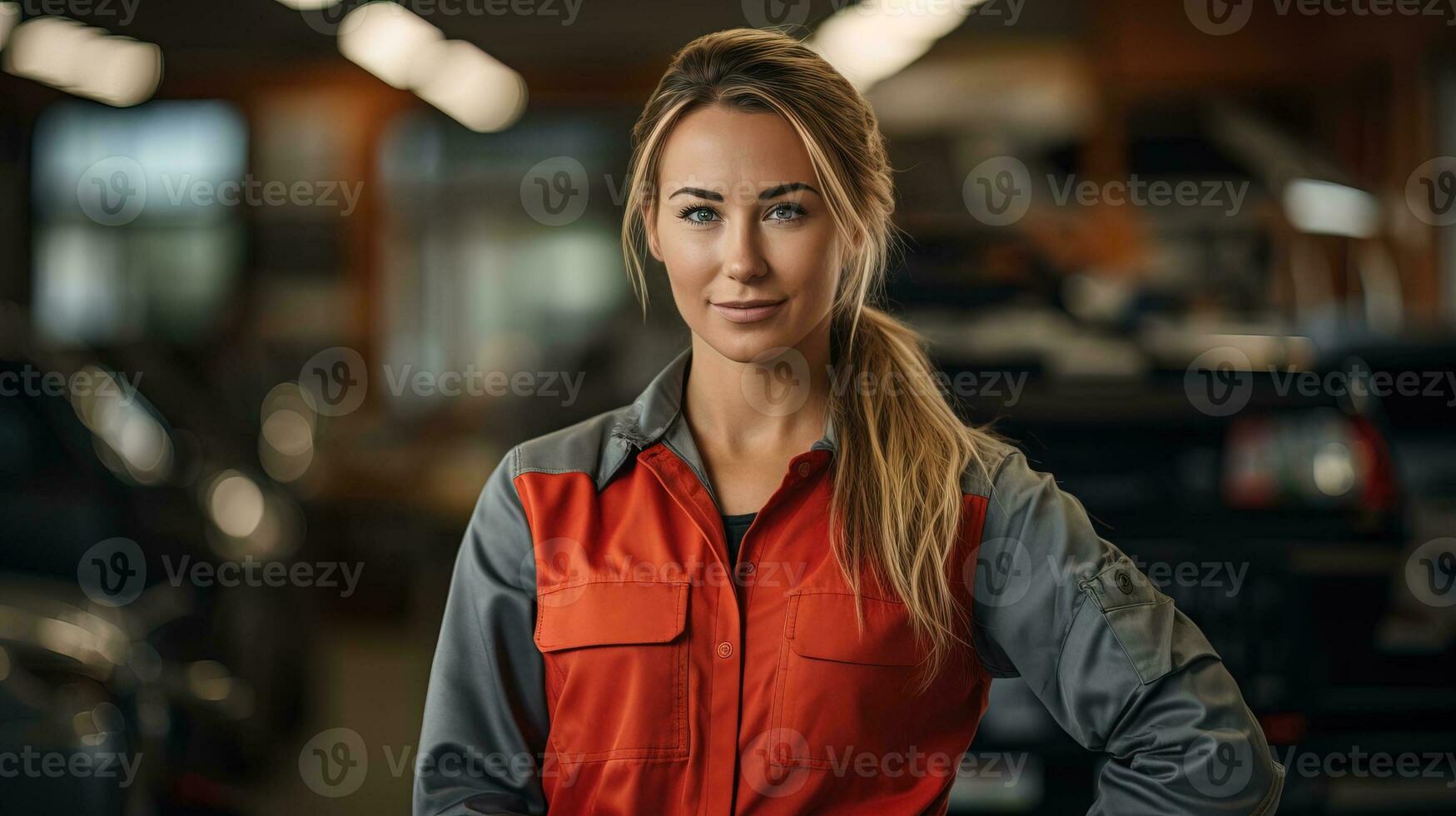 AI generated Young professional mechanic woman representing expertise and friendliness in an auto repair shop. Generative AI photo