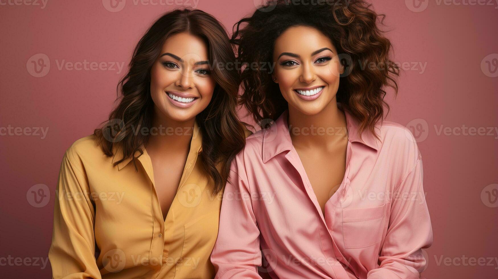 AI generated Two young African American female friends pose in their pajamas against a soft pink background. Generative AI photo