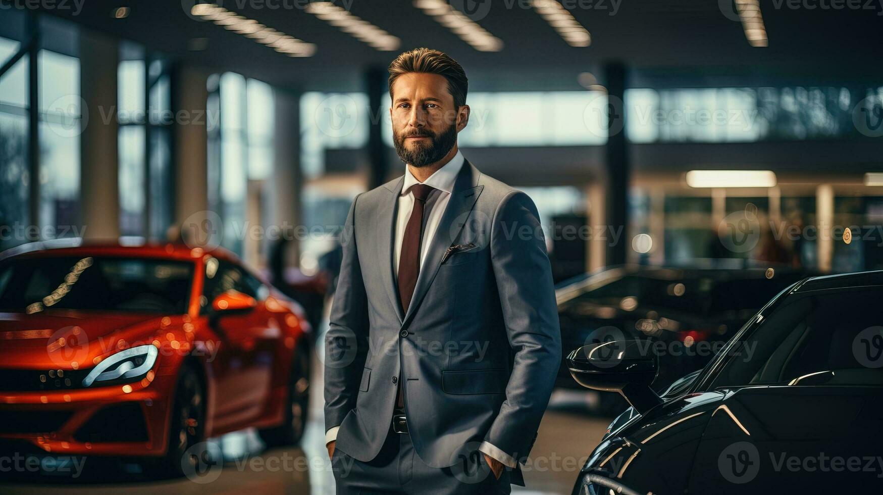 AI generated Successful entrepreneur choosing a stylish new car at a luxury car dealership. Generative AI photo