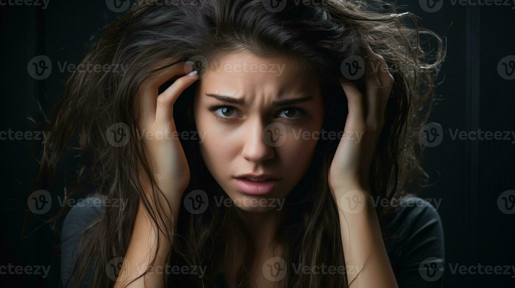 AI generated Young women suffering from dandruff problems, scalp problems and hair care difficulties. Generative AI photo