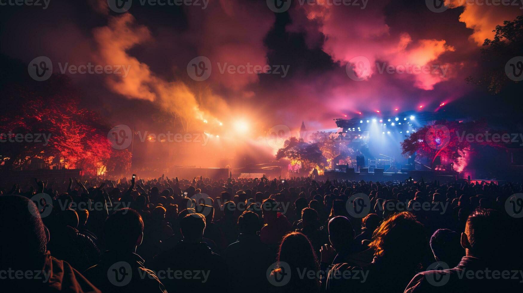 ai generado aficionados disfrutar En Vivo actuaciones de su favorito bandas a un animado local música festival. generativo ai foto