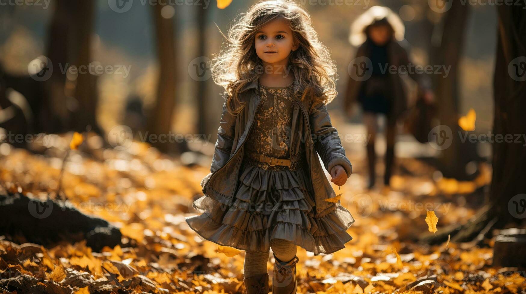 ai generado pequeño niña vestido en un Víspera de Todos los Santos disfraz deambula entre alto arboles y caído hojas. generativo ai foto