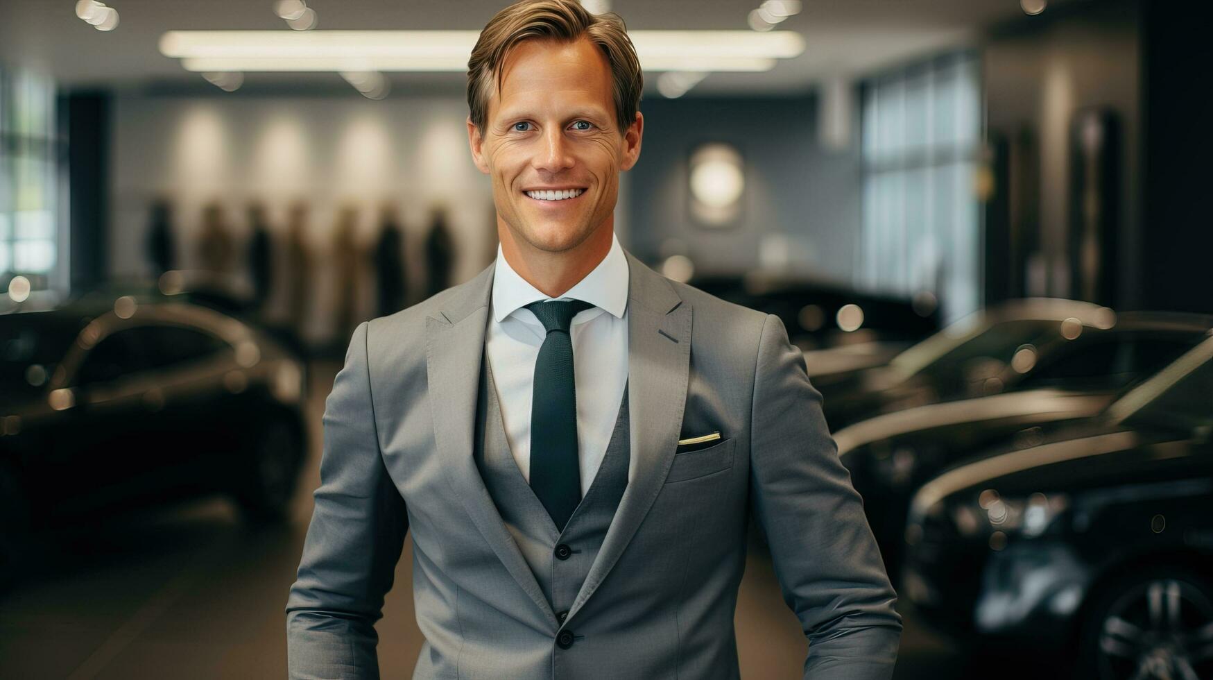 AI generated Successful entrepreneur choosing a stylish new car at a luxury car dealership. Generative AI photo
