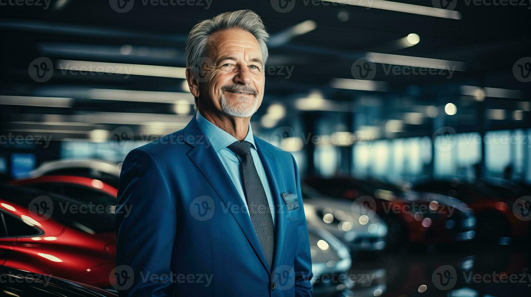 AI generated Successful entrepreneur choosing a stylish new car at a luxury car dealership. Generative AI photo