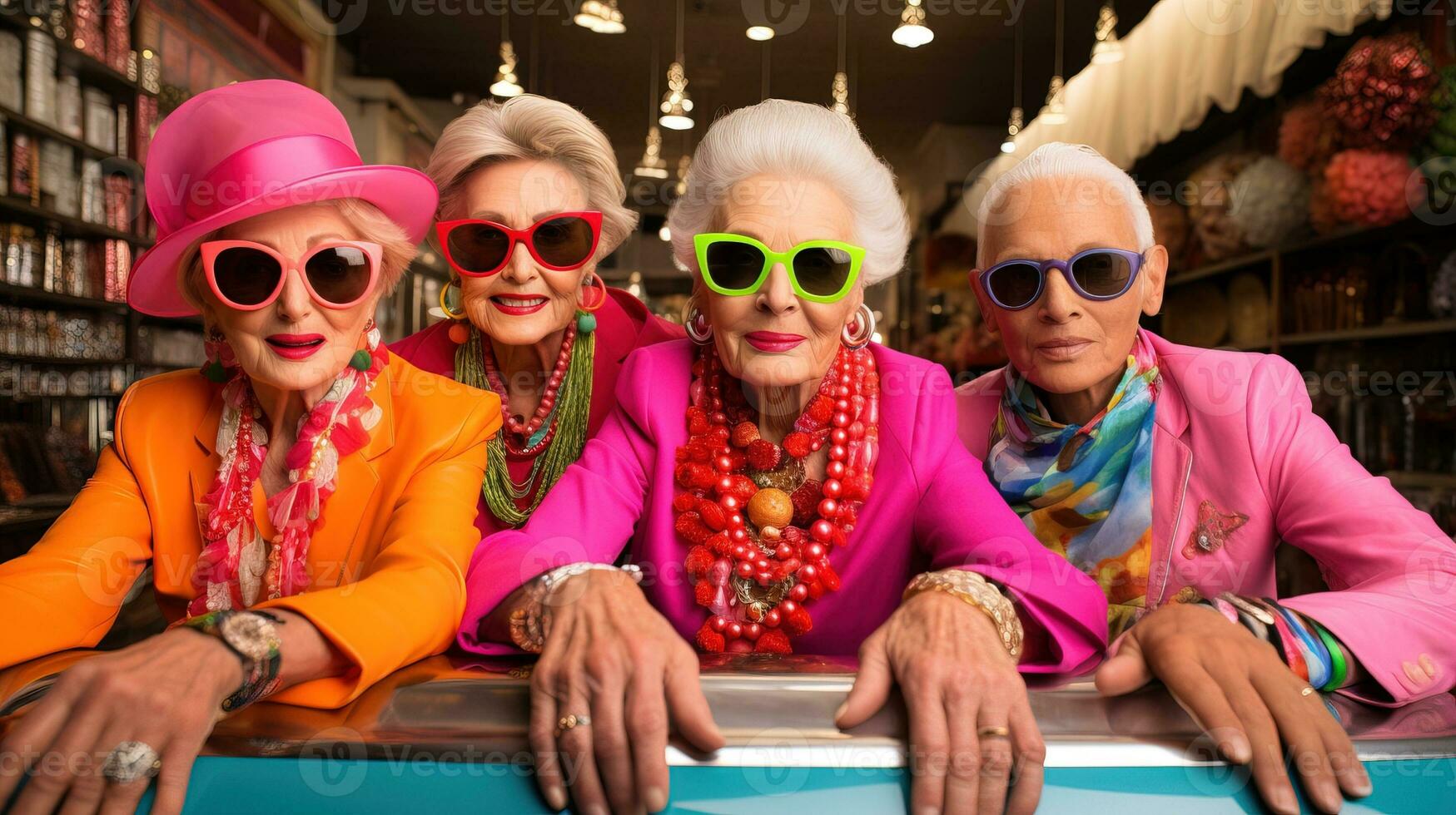 AI generated Group of happy elderly women dressed in 80s fashion. Generative AI photo
