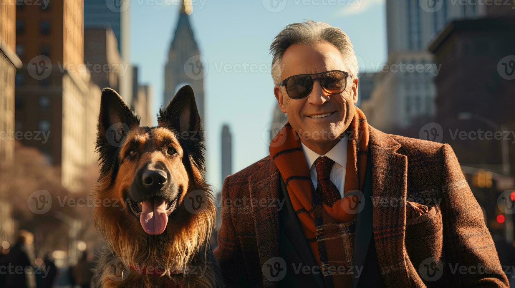AI generated Elegant old man walking his dog in the city. Generative AI photo