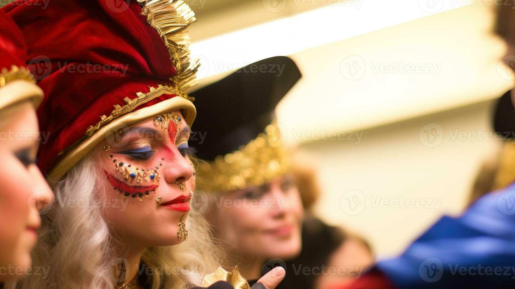 ai generado entre bastidores a el local teatro, actores en disfraz y maquillaje son preparando para el de la noche espectáculo. generativo ai foto