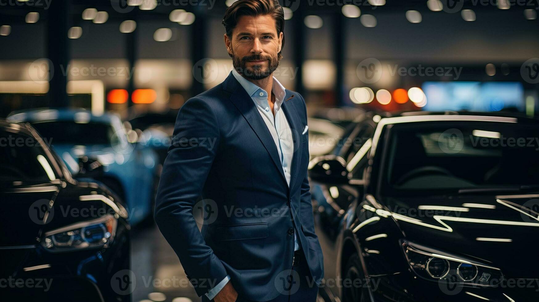 AI generated Successful entrepreneur choosing a stylish new car at a luxury car dealership. Generative AI photo