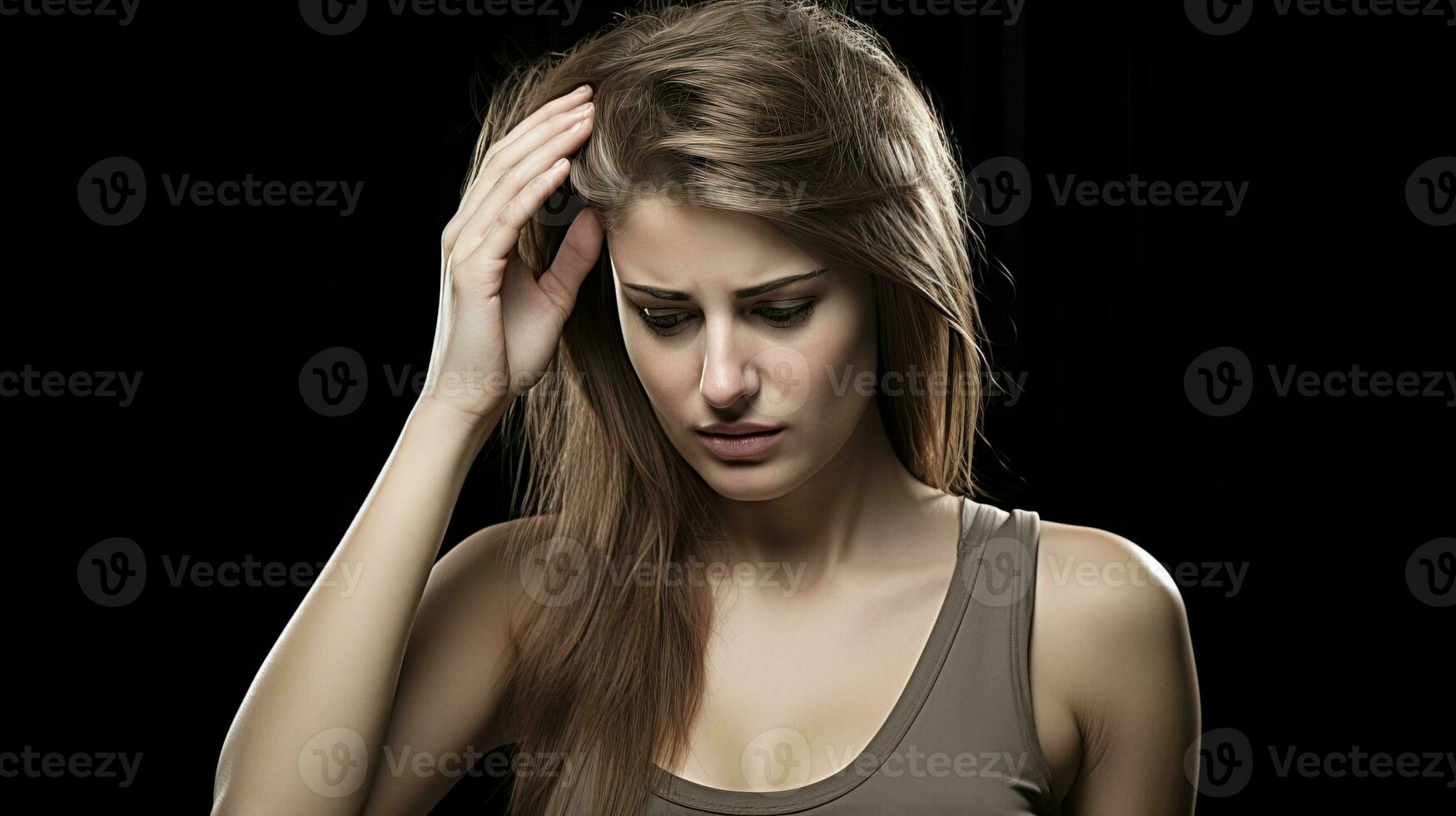 AI generated Young women suffering from dandruff problems, scalp problems and hair care difficulties. Generative AI photo