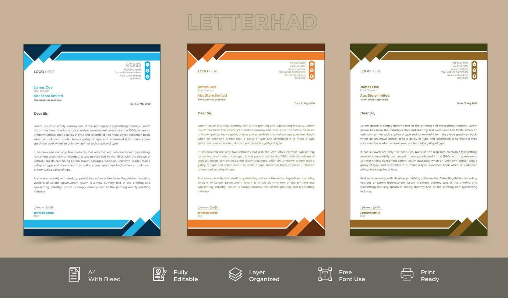 Corporate business company letterhead template, three color variation design vector