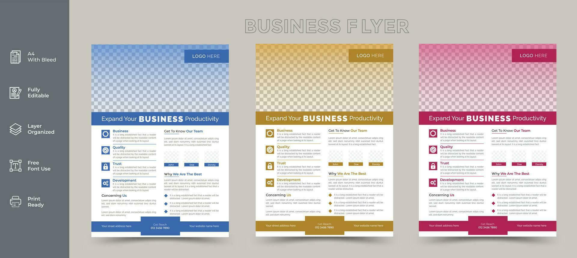 Vector modern and corporate vector gradient abstract business flyer template with three color variation