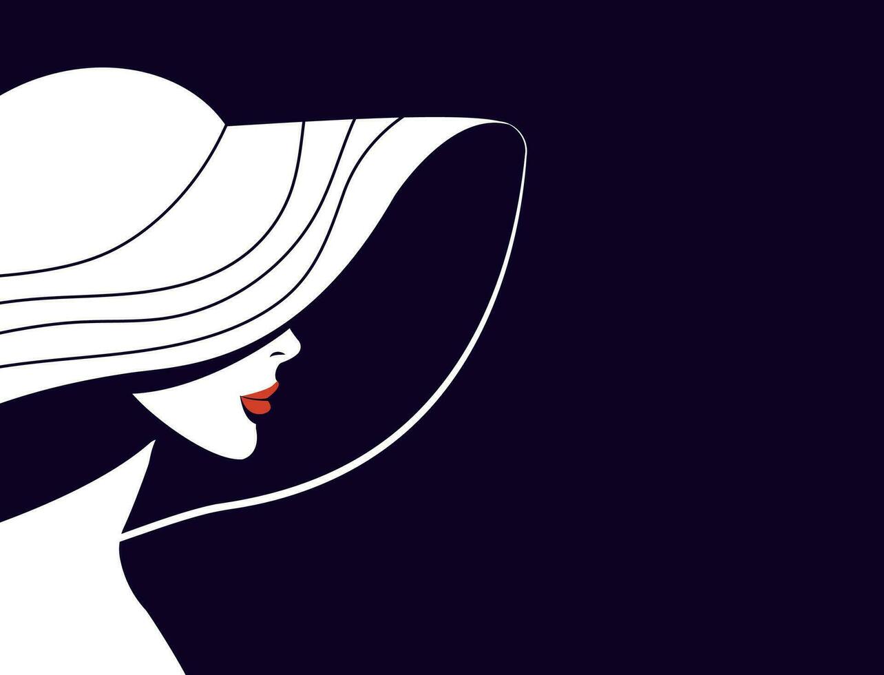 Profile portrait of a stylish woman wearing a hat with red lips. Horizontal dark background. Minimalistic flat style. Female face and head portrait side view close-up. vector