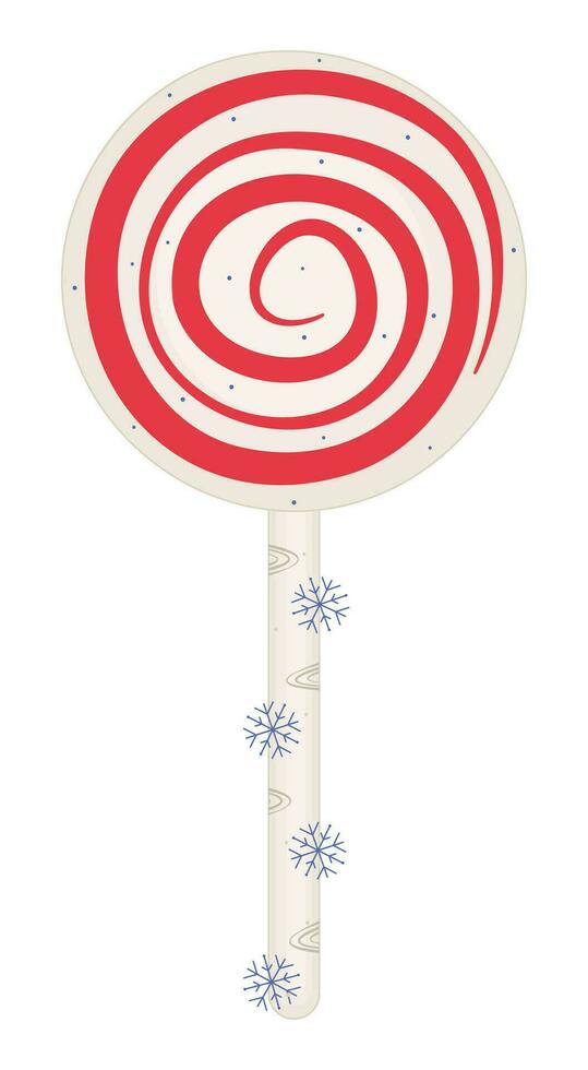 Round lollipop on a stick, cute circle candy with a red swirl, winter caramel with a spiral and snowflakes, groovy color vector illustration