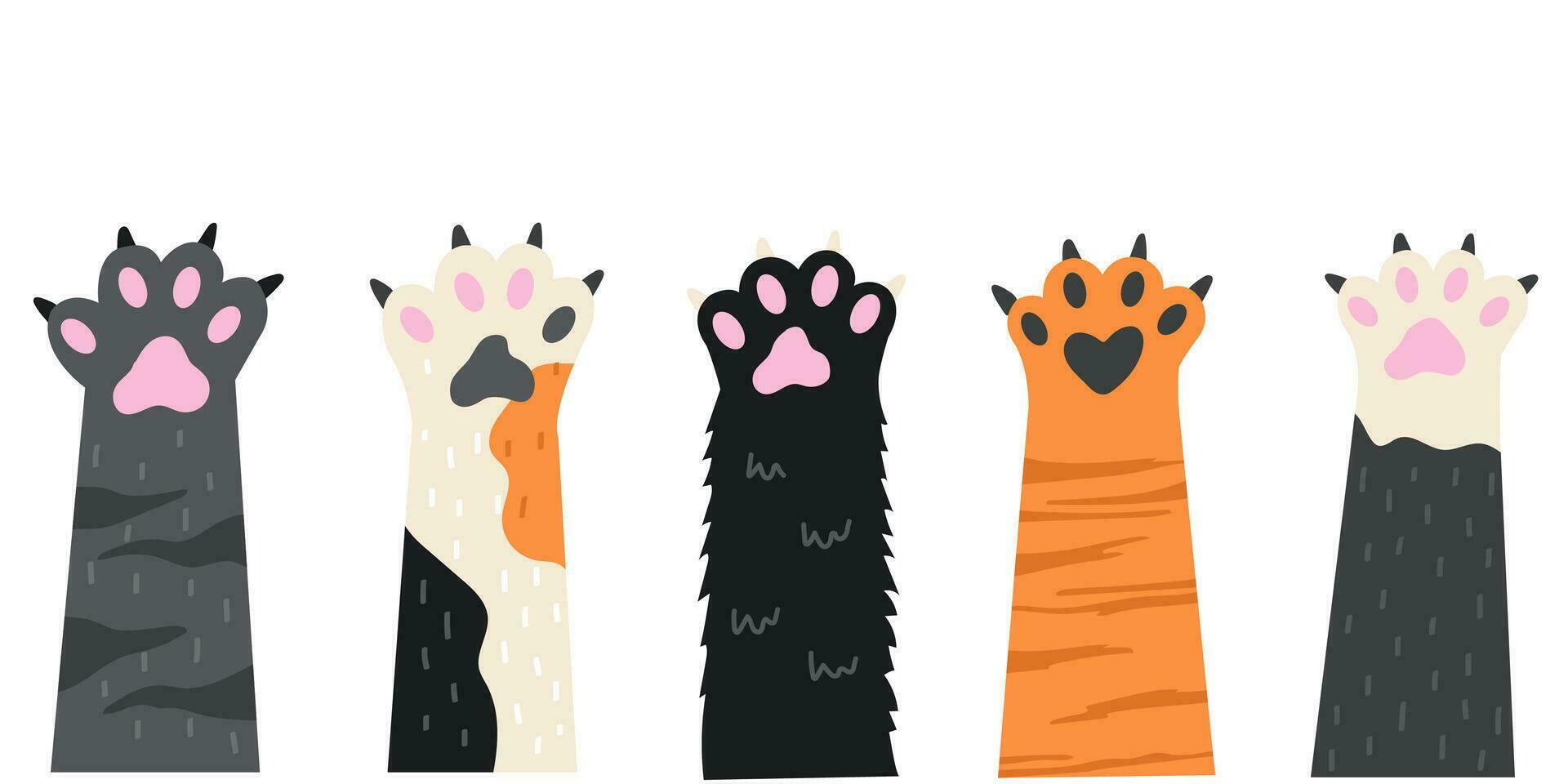 un linda dibujos animados estilo gato patas ilustración. un conjunto de diferente colores Doméstico animal pies. vector