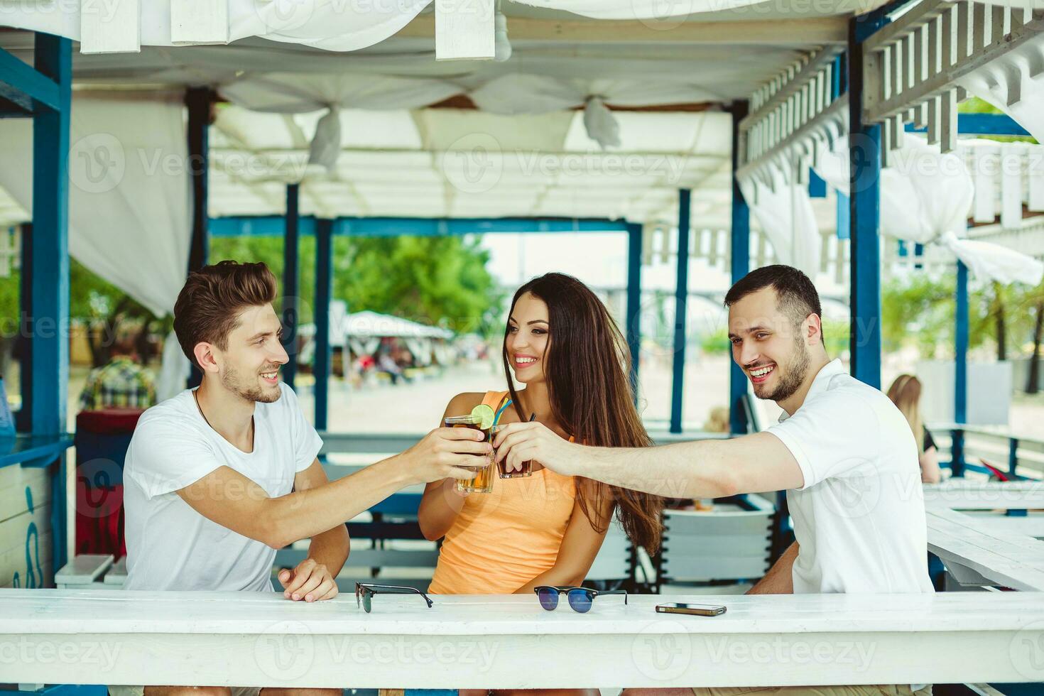 Friends toasting in summer vacation in a bar terrace on the beach photo