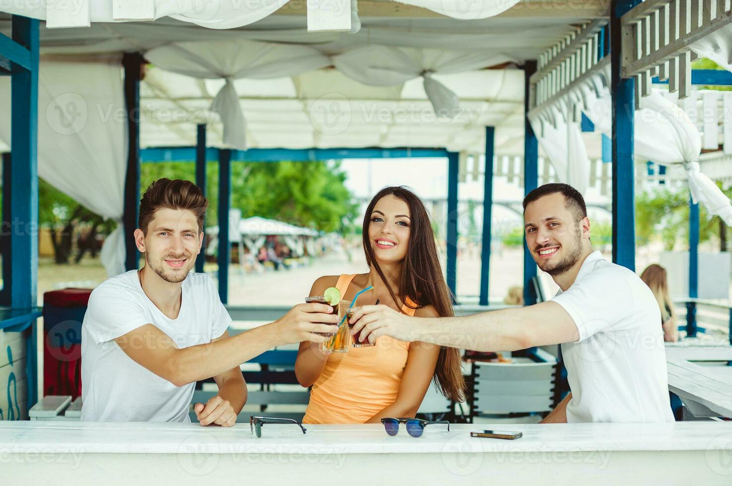 Friends toasting in summer vacation in a bar terrace on the beach photo