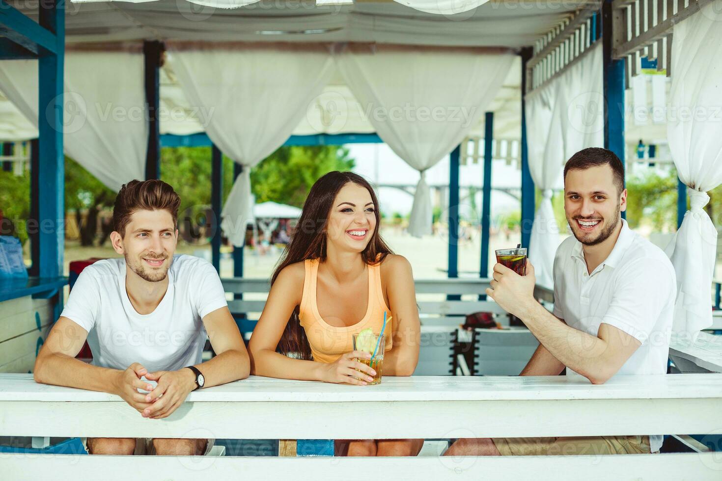 Friends toasting in summer vacation in a bar terrace on the beach photo