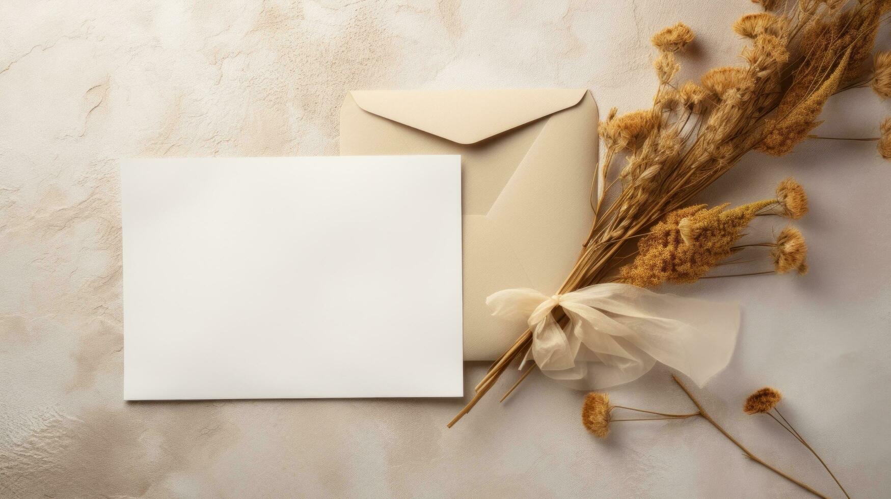 AI generated envelope, envelope white card and some dried flowers sitting on a concrete background photo