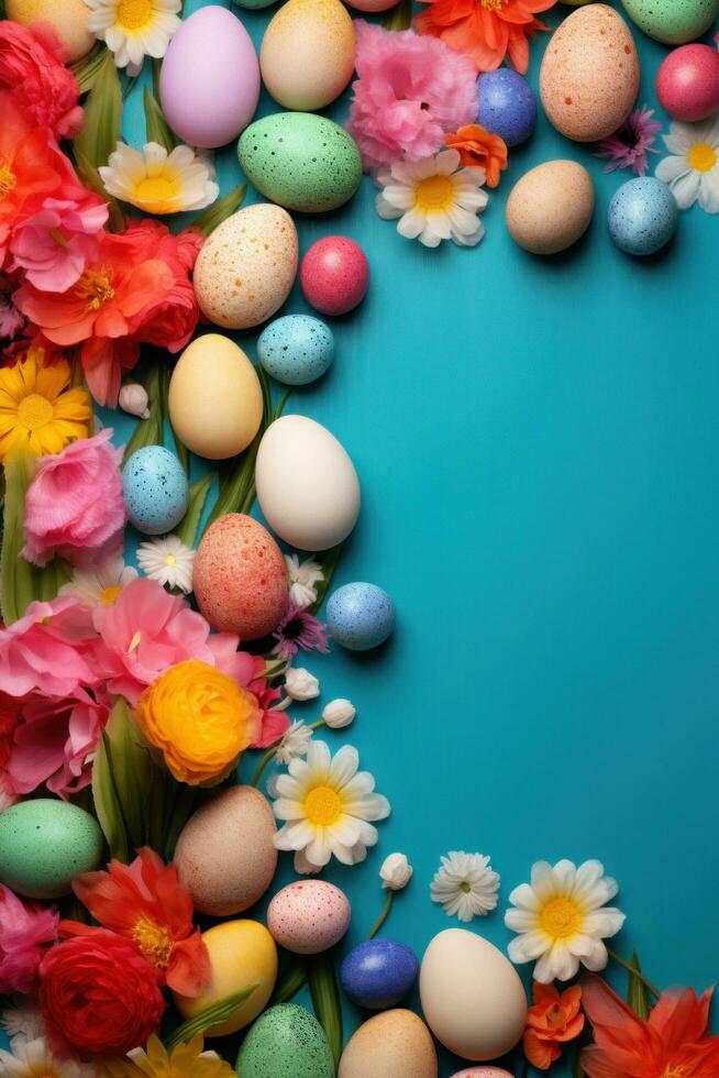 AI generated Vibrant background, colorful eggs, festive decorations, and a canvas for joyful messages photo