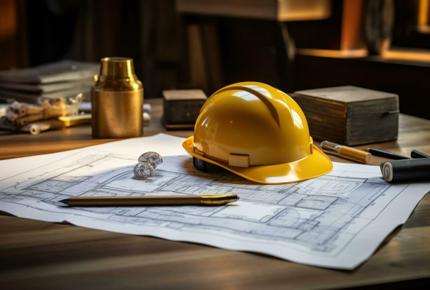 AI generated engineer hat on a table next to drawings photo