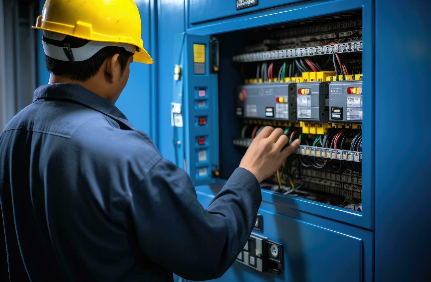 AI generated electrical worker holding switch panel in an electrical panel photo