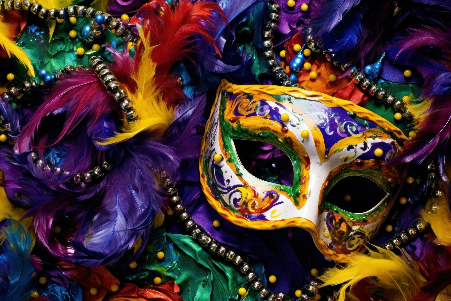 AI generated Vivid Mardi Gras background featuring masks, streamers, and lively colors, photo