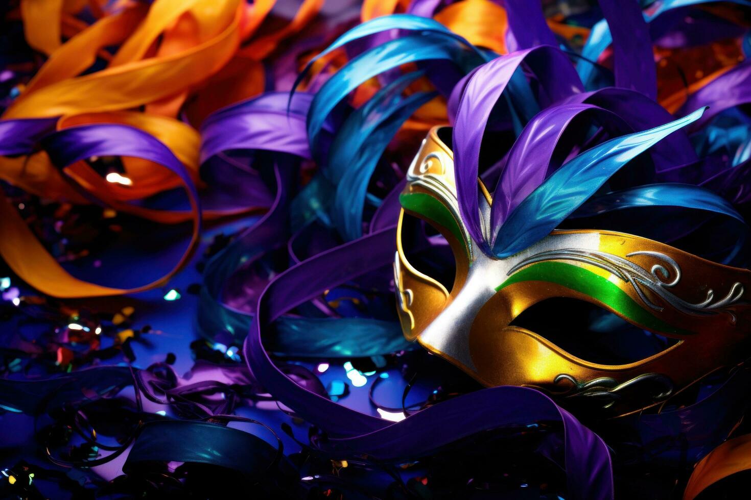 AI generated Vivid Mardi Gras background featuring masks, streamers, and lively colors, photo