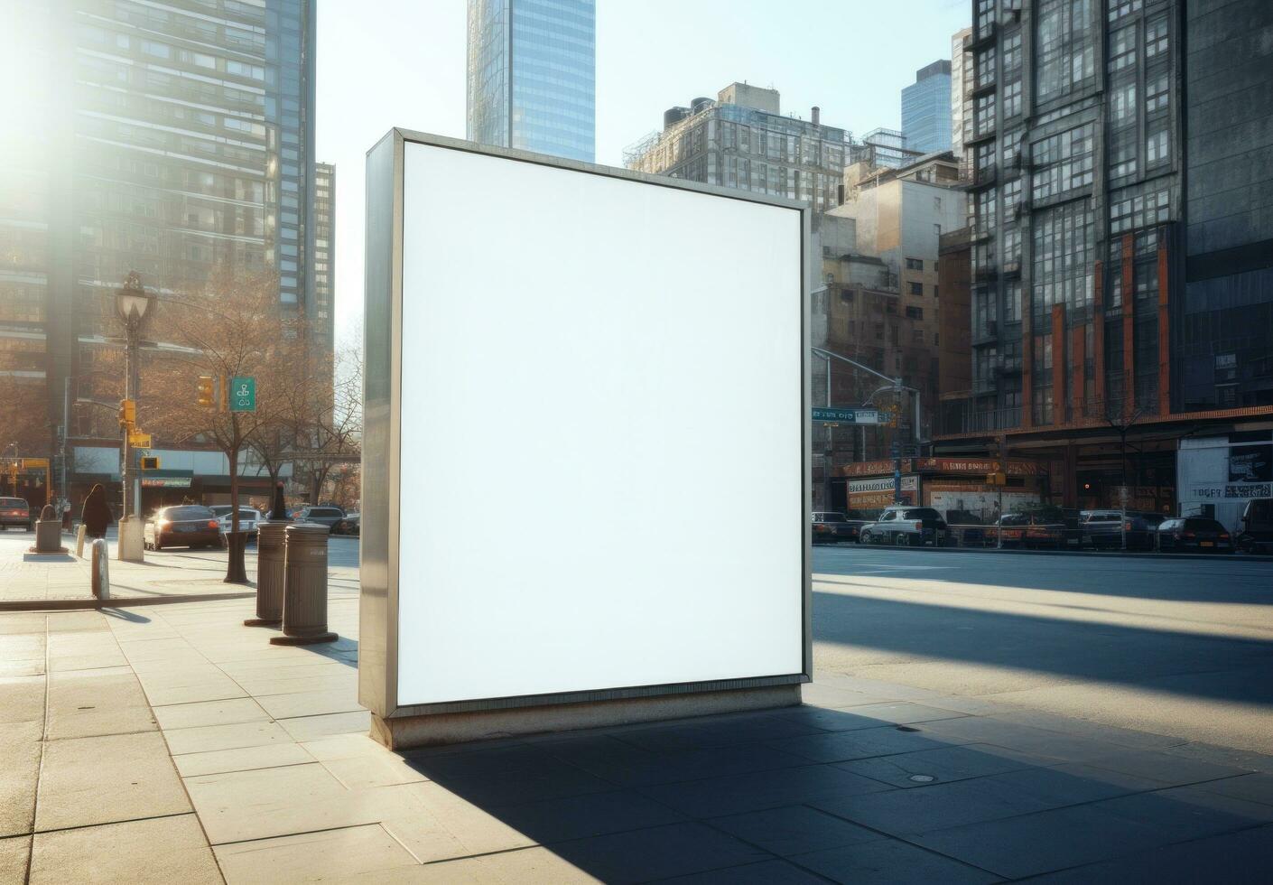AI generated empty poster at the corner of city photo
