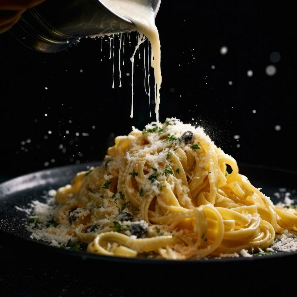 AI generated fettuccine with parmesan cheese being poured onto black counter photo