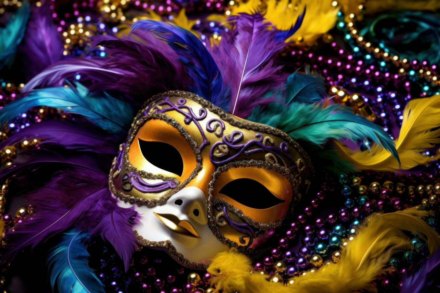 AI generated Vivid Mardi Gras background featuring masks, streamers, and lively colors, photo