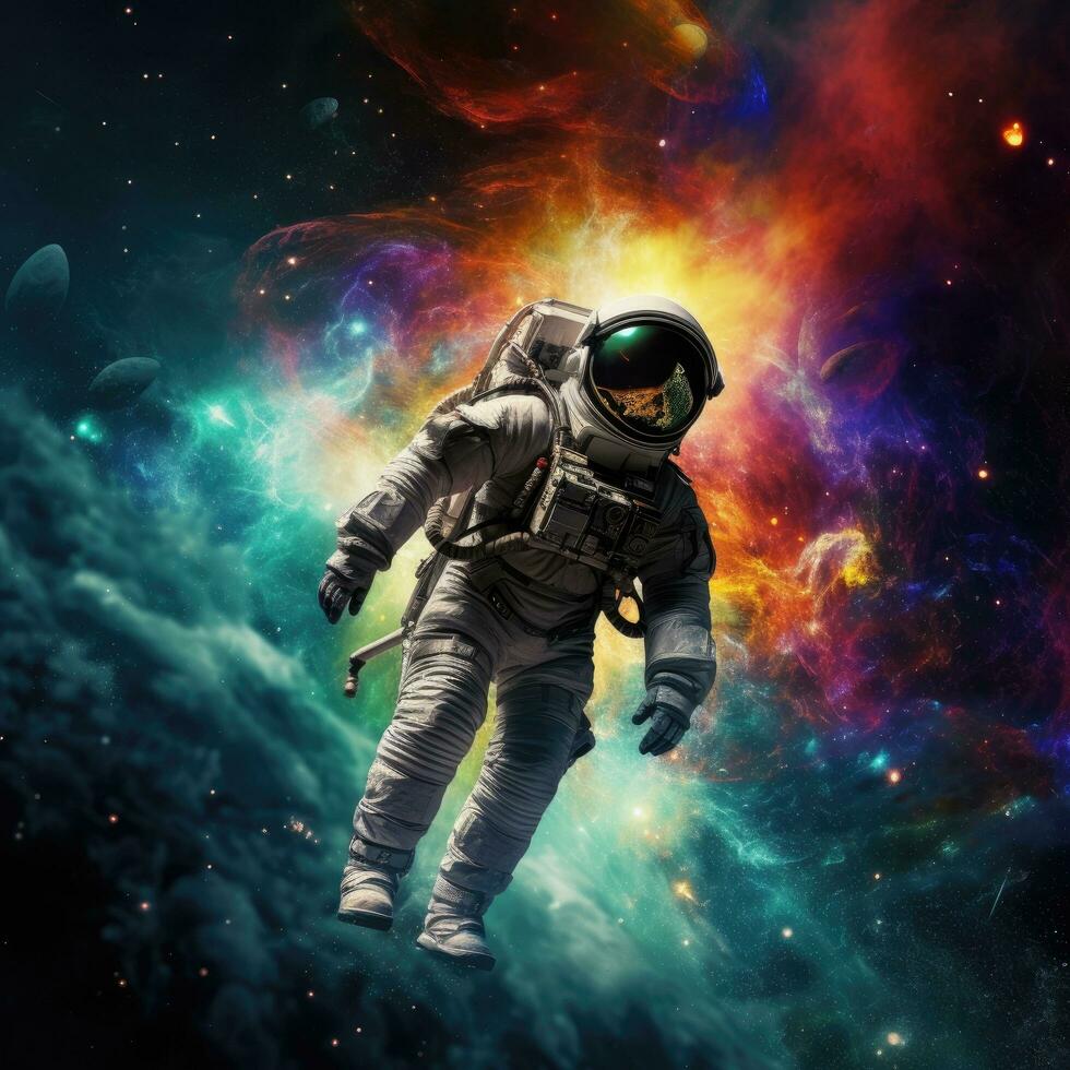 AI generated Astronaut in vivid space, adorned with stars, planets, and expansive copy space for text photo