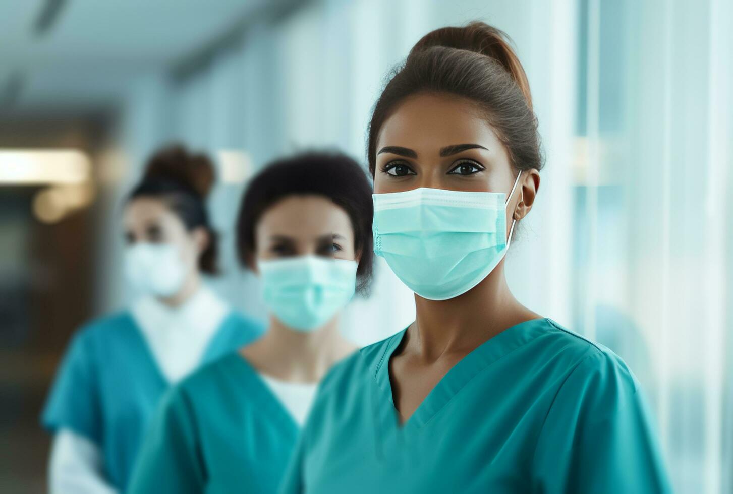 AI generated female medical workers with surgical masks in front of a hallway photo