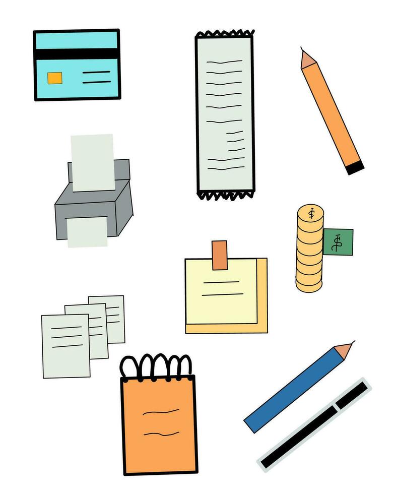 stationery collection office supplies hand drawn illustration vector