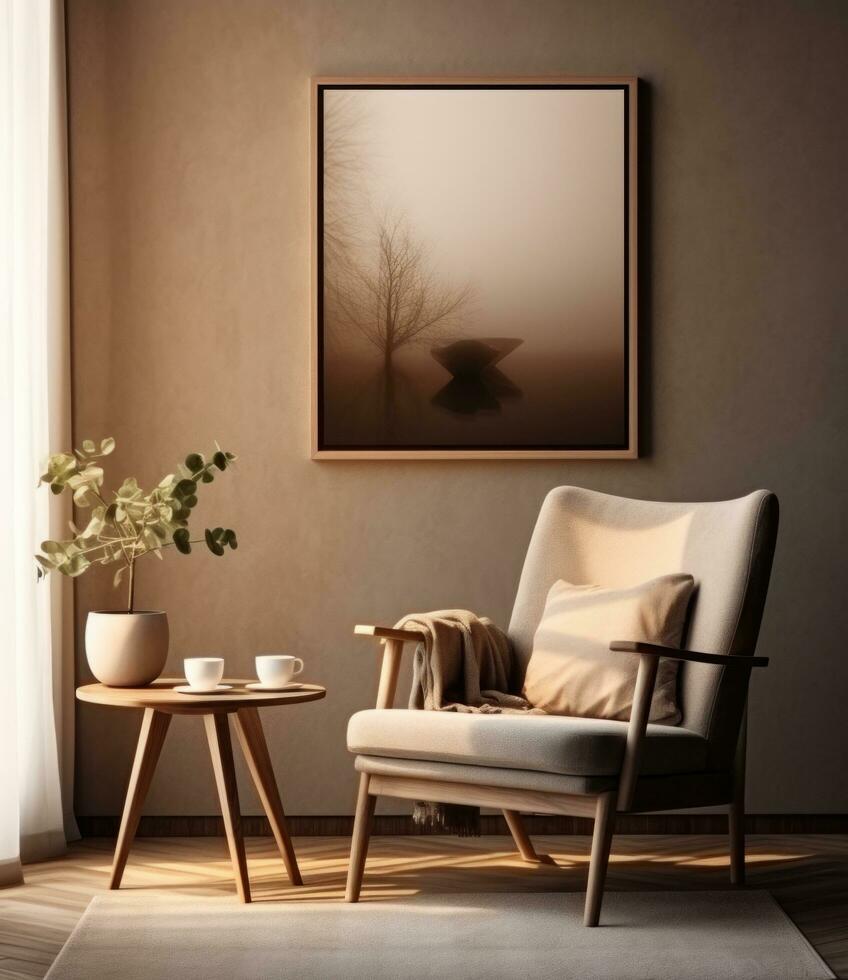 AI generated living room with sofa, chair, coffee table and lamp photo