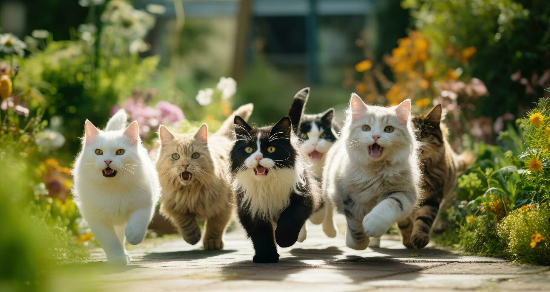 AI generated cats, dogs, and kittens running through a garden photo