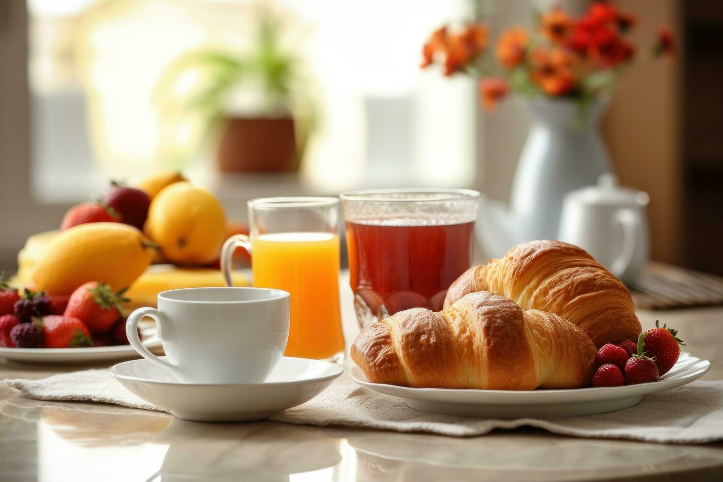 AI generated A delectable breakfast tableau featuring croissants, berries, and steaming coffee photo