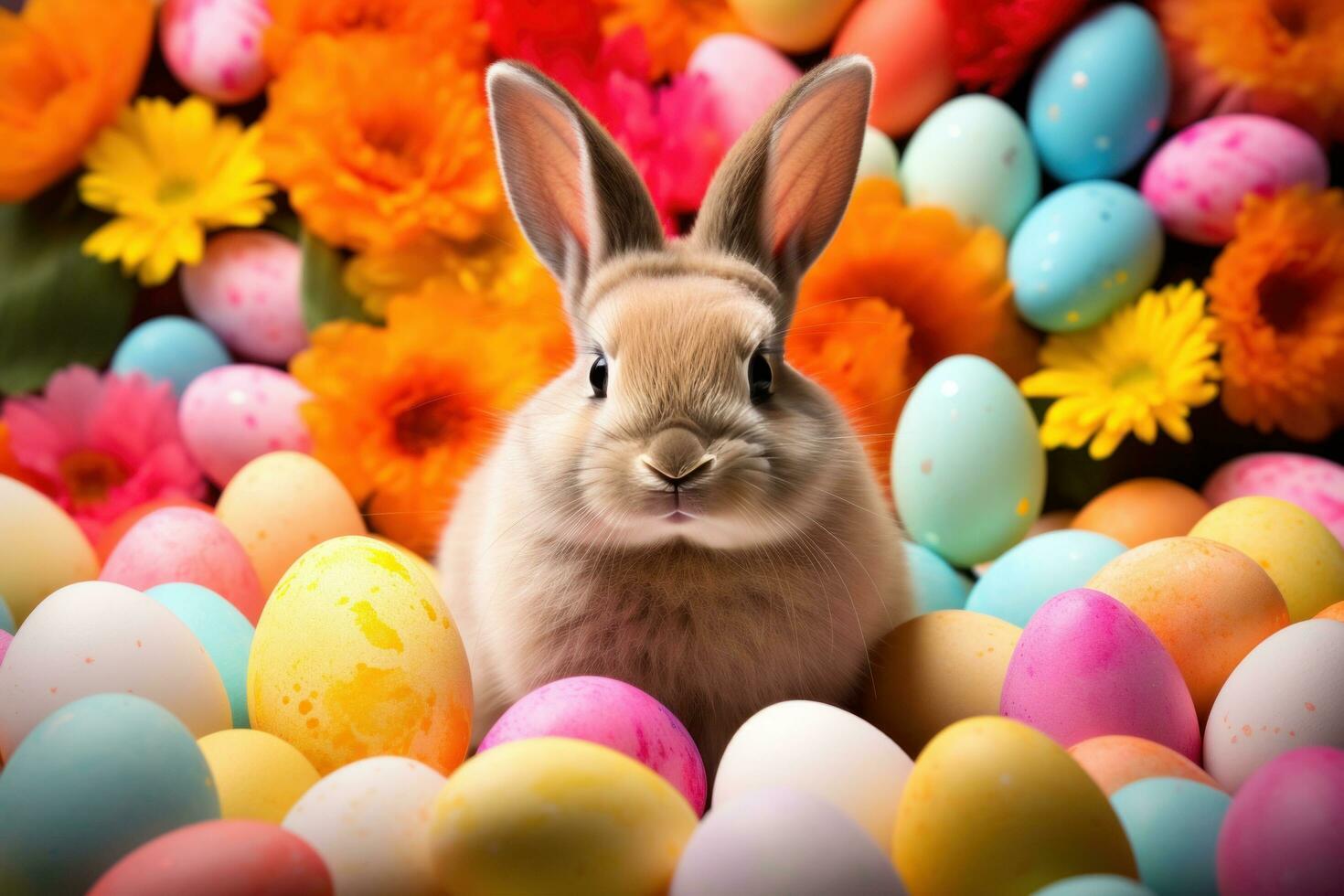 AI generated Vibrant background adorned with a charming bunny, colorful eggs, and festive cheer photo
