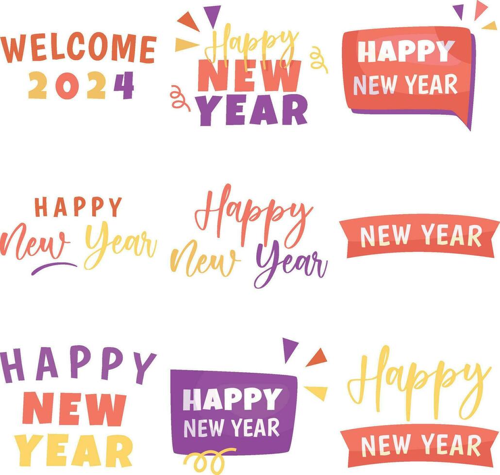 Collection of festive Happy New 2024 Year hand drawn lettering decorated with holiday elements. vector