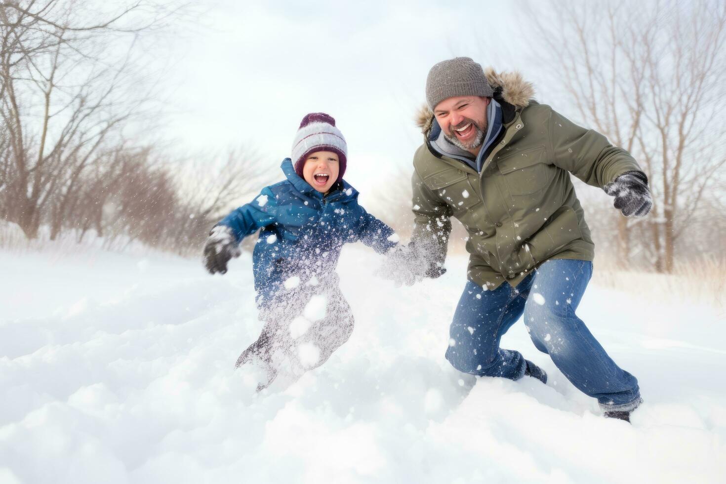 ai generado papá y hijo disfrutar un Nevado día, juguetón bola de nieve peleas foto