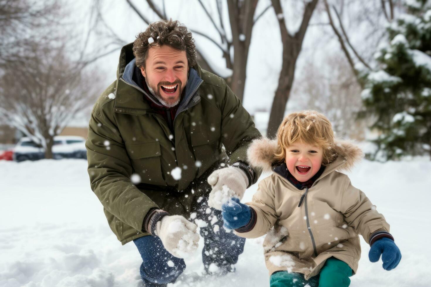 AI generated Dad and son enjoy a snowy day, playful snowball fights photo