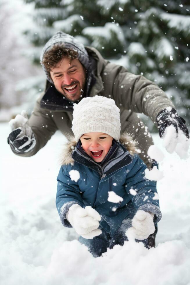 ai generado papá y hijo disfrutar un Nevado día, juguetón bola de nieve peleas foto