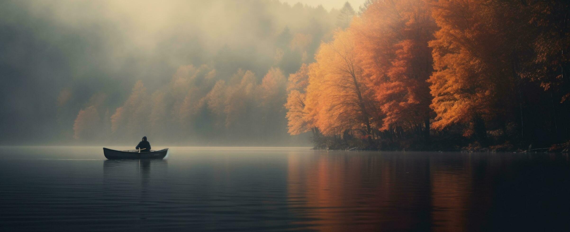 AI generated person in canoe floating in a lake with autumnal scenery photo