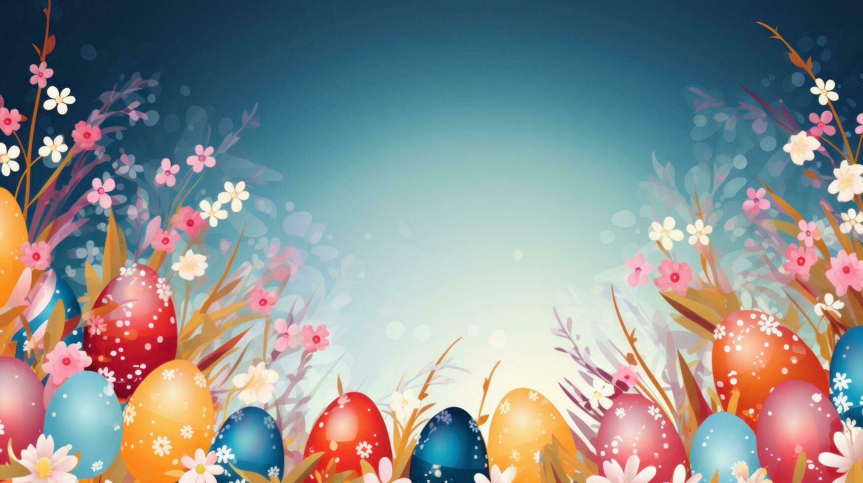 AI generated Vibrant background, colorful eggs, festive decorations, and a canvas for joyful messages photo
