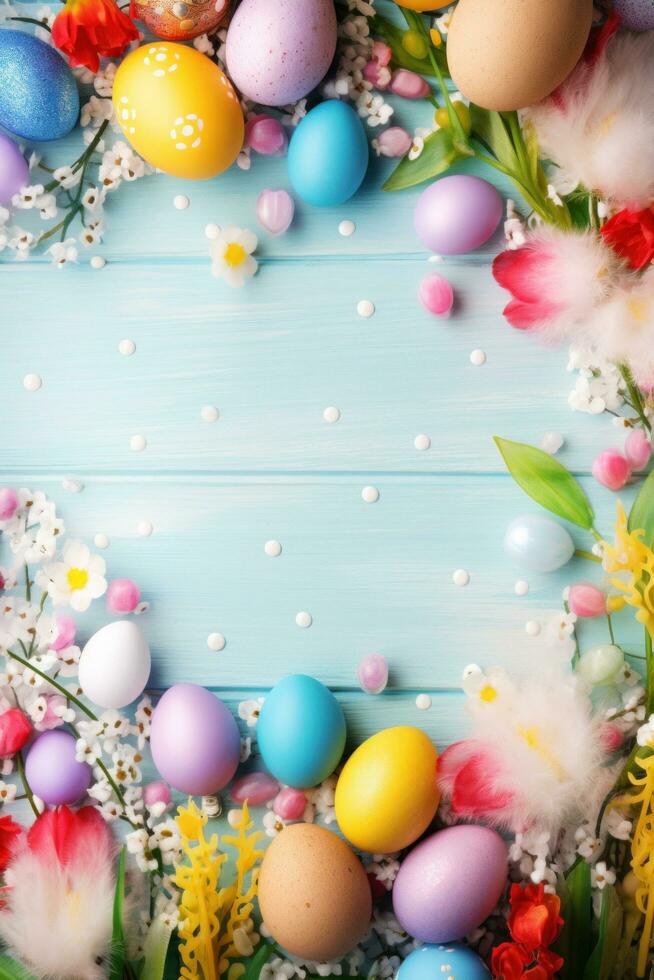 AI generated Vibrant background, colorful eggs, festive decorations, and a canvas for joyful messages photo