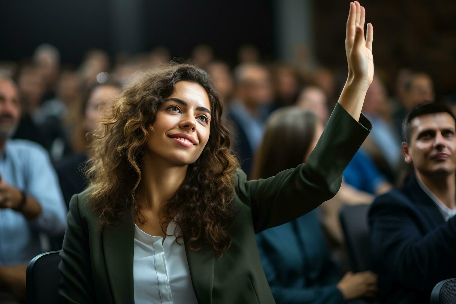 ai generado joven mujer de negocios levanta mano durante audiencia pregunta día foto