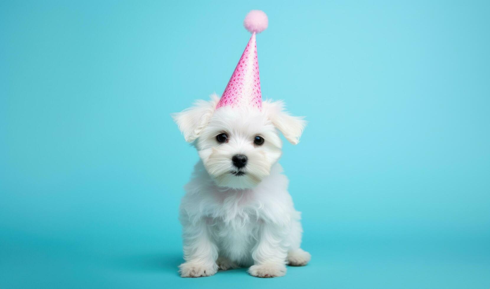 ai generado blanco perro en rosado fiesta sombrero en azul antecedentes foto