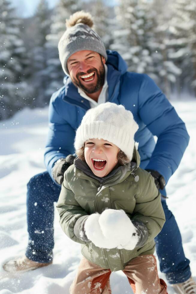 ai generado papá y hijo compartir risitas, bola de nieve lanzamientos, y Nevado aventuras foto