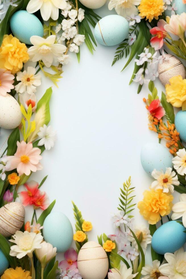 AI generated Colorful Easter background adorned with vibrant eggs, blossoms, and spacious copy area photo